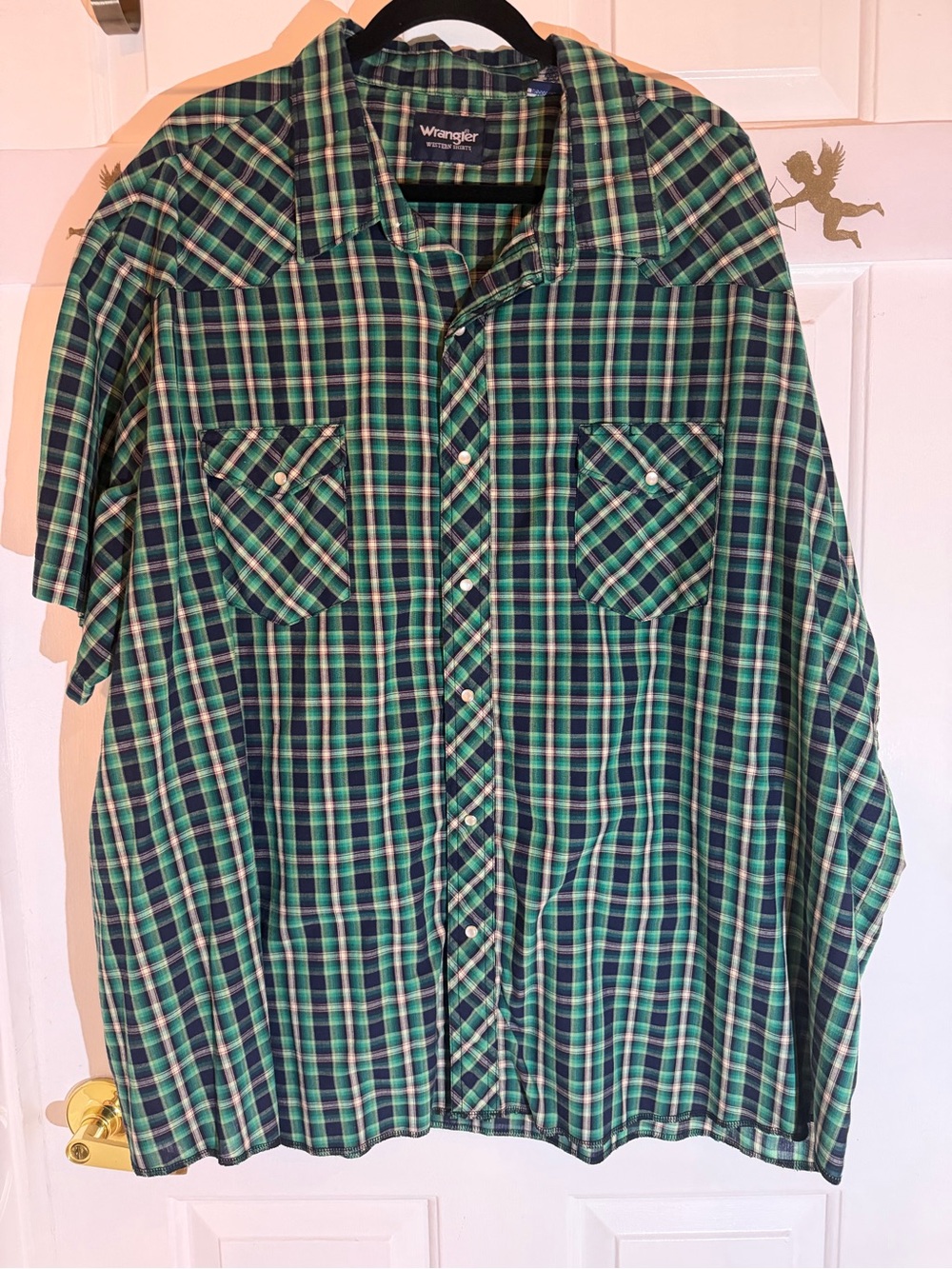 Wrangler Green and Navy Plaid Short-Sleeve Button-Down Shirt